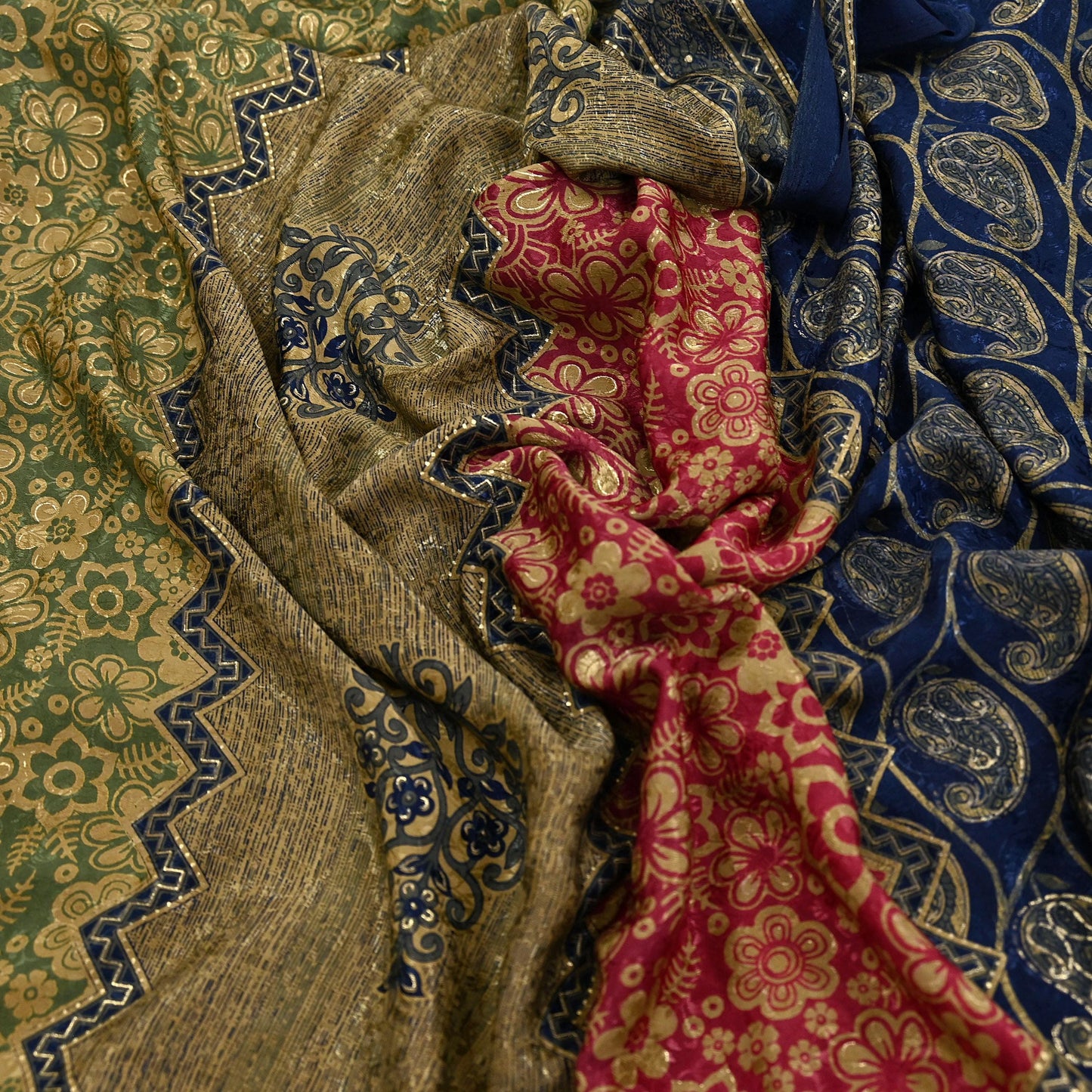 Indian Vintage Blue & Green Sarees Moss Crepe Printed Sari 6yd Sewing Floral Soft Craft Fabric DressMaking For Crafting Quilting Upcycle