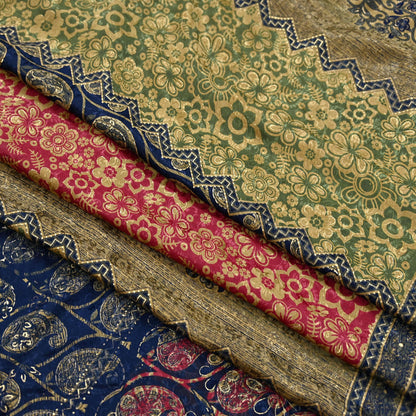 Indian Vintage Blue & Green Sarees Moss Crepe Printed Sari 6yd Sewing Floral Soft Craft Fabric DressMaking For Crafting Quilting Upcycle