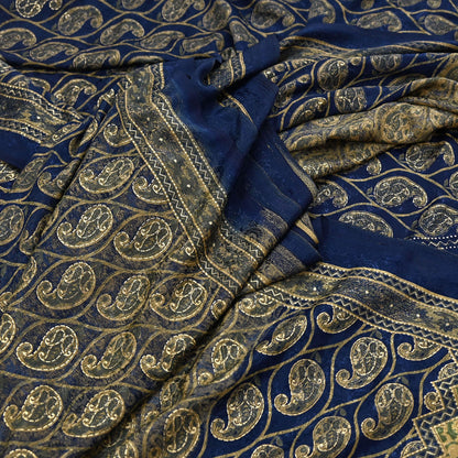 Indian Vintage Blue & Green Sarees Moss Crepe Printed Sari 6yd Sewing Floral Soft Craft Fabric DressMaking For Crafting Quilting Upcycle