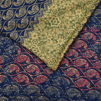 Indian Vintage Blue & Green Sarees Moss Crepe Printed Sari 6yd Sewing Floral Soft Craft Fabric DressMaking For Crafting Quilting Upcycle