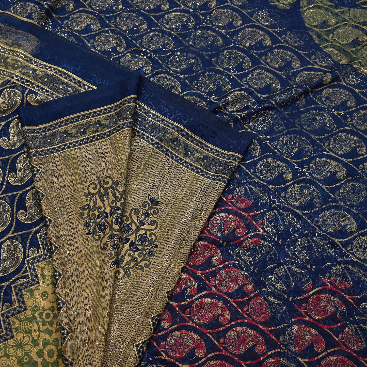 Indian Vintage Blue & Green Sarees Moss Crepe Printed Sari 6yd Sewing Floral Soft Craft Fabric DressMaking For Crafting Quilting Upcycle