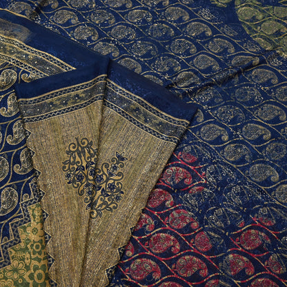 Indian Vintage Blue & Green Sarees Moss Crepe Printed Sari 6yd Sewing Floral Soft Craft Fabric DressMaking For Crafting Quilting Upcycle