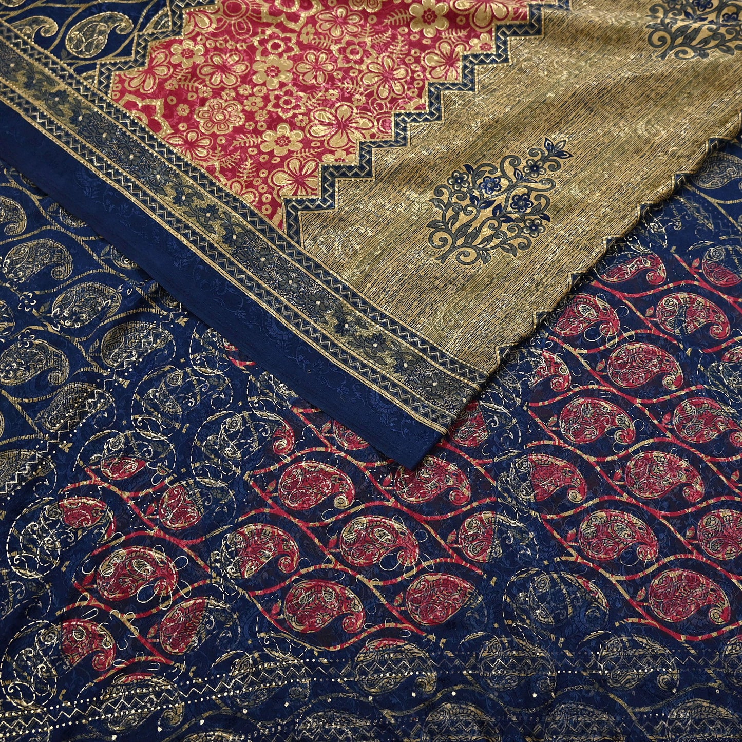 Indian Vintage Blue & Green Sarees Moss Crepe Printed Sari 6yd Sewing Floral Soft Craft Fabric DressMaking For Crafting Quilting Upcycle