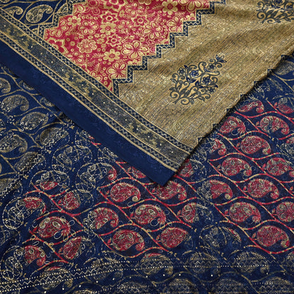 Indian Vintage Blue & Green Sarees Moss Crepe Printed Sari 6yd Sewing Floral Soft Craft Fabric DressMaking For Crafting Quilting Upcycle