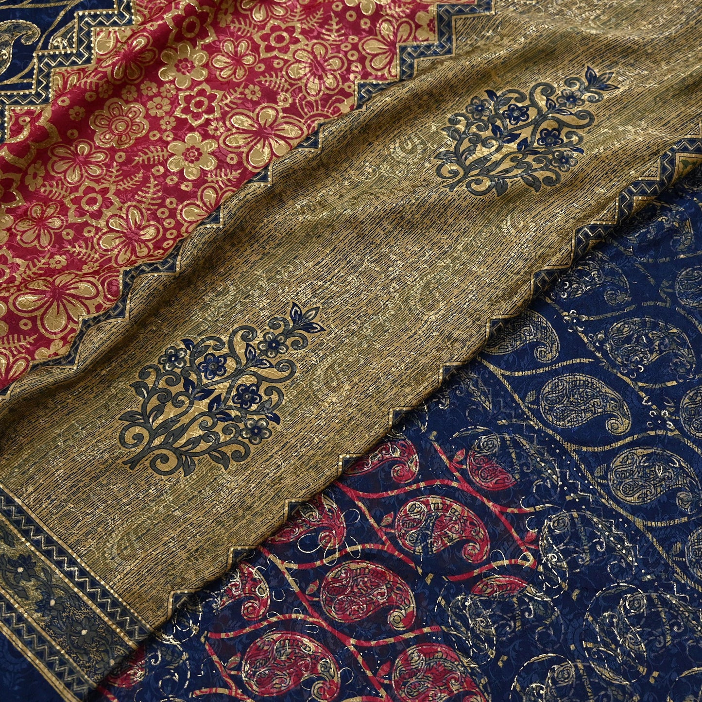 Indian Vintage Blue & Green Sarees Moss Crepe Printed Sari 6yd Sewing Floral Soft Craft Fabric DressMaking For Crafting Quilting Upcycle