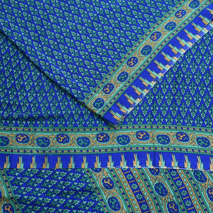 Indian Vintage Blue Artificial Silk Saree Printed Floral Sari Fabric 6 Yards Soft Craft Fabric for Sewing, Dressmaking, Quilting,Upcycling
