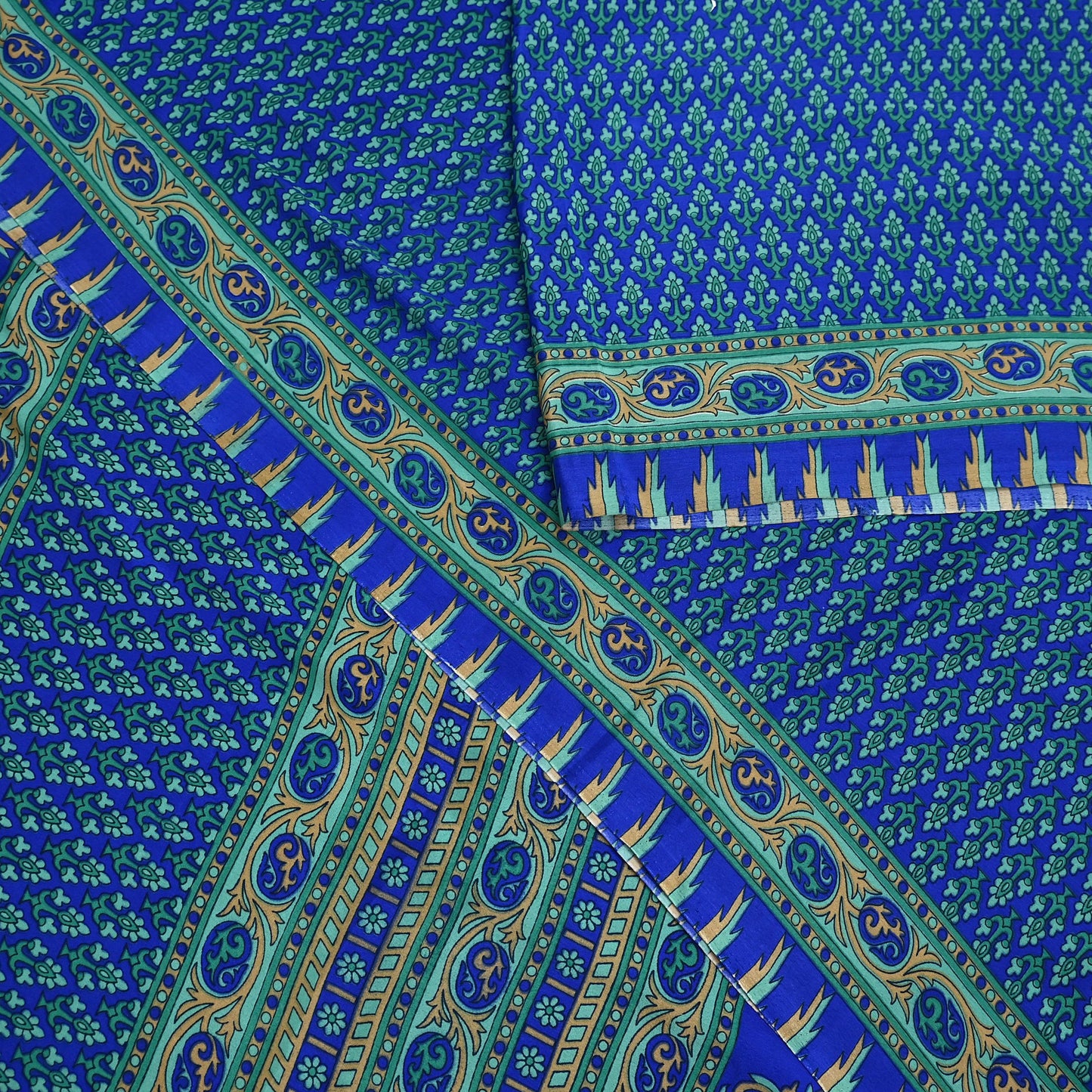 Indian Vintage Blue Artificial Silk Saree Printed Floral Sari Fabric 6 Yards Soft Craft Fabric for Sewing, Dressmaking, Quilting,Upcycling
