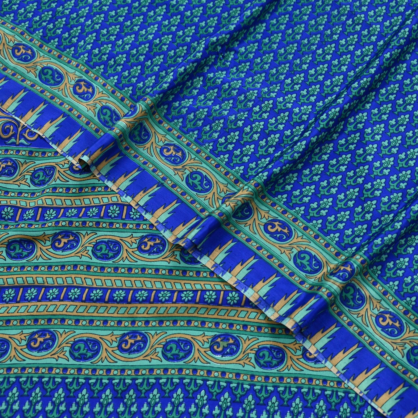Indian Vintage Blue Artificial Silk Saree Printed Floral Sari Fabric 6 Yards Soft Craft Fabric for Sewing, Dressmaking, Quilting,Upcycling