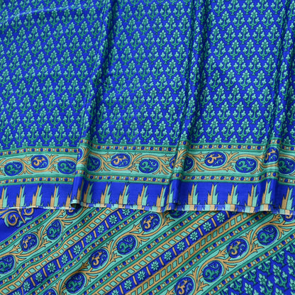 Indian Vintage Blue Artificial Silk Saree Printed Floral Sari Fabric 6 Yards Soft Craft Fabric for Sewing, Dressmaking, Quilting,Upcycling