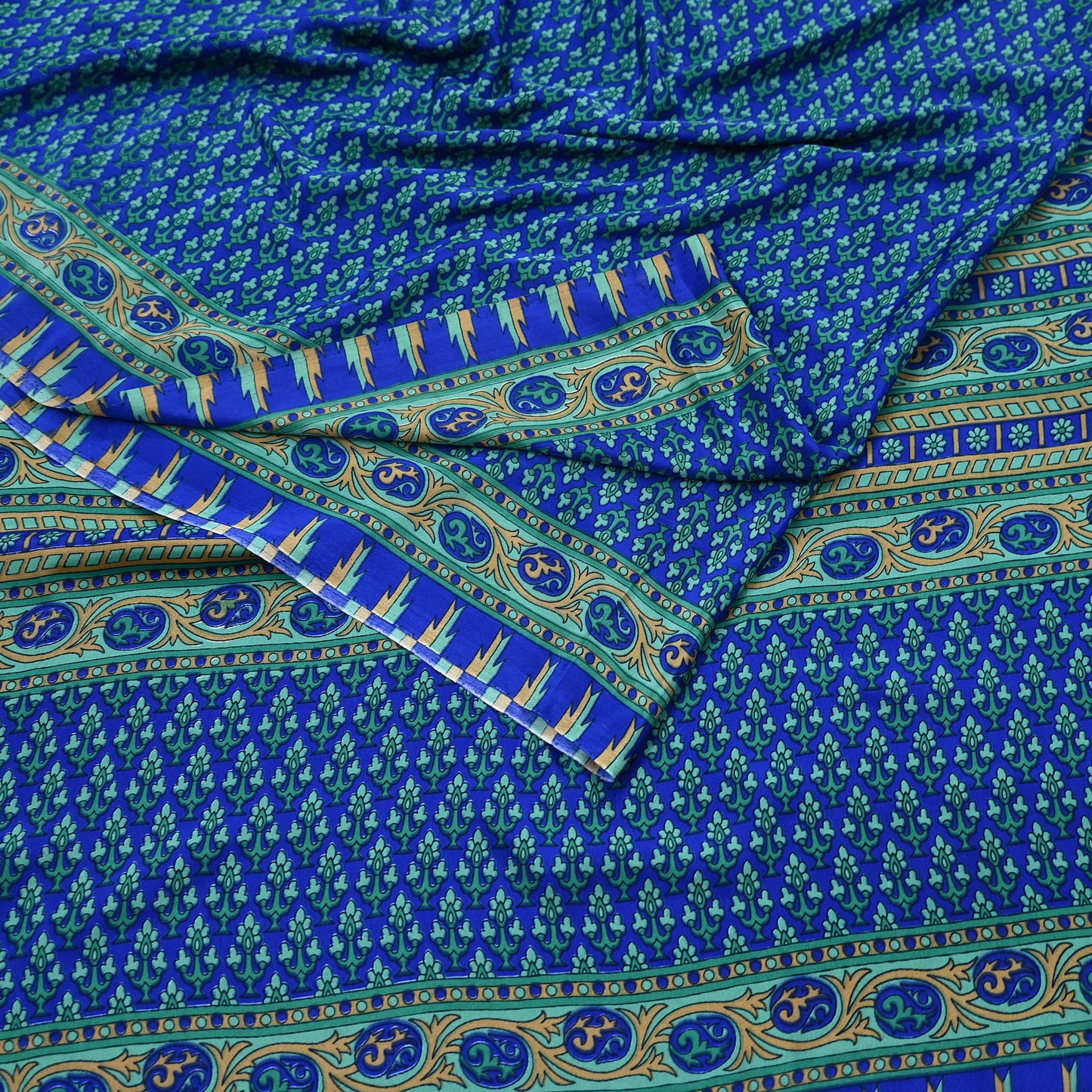 Indian Vintage Blue Artificial Silk Saree Printed Floral Sari Fabric 6 Yards Soft Craft Fabric for Sewing, Dressmaking, Quilting,Upcycling