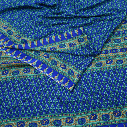 Indian Vintage Blue Artificial Silk Saree Printed Floral Sari Fabric 6 Yards Soft Craft Fabric for Sewing, Dressmaking, Quilting,Upcycling