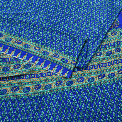 Indian Vintage Blue Artificial Silk Saree Printed Floral Sari Fabric 6 Yards Soft Craft Fabric for Sewing, Dressmaking, Quilting,Upcycling