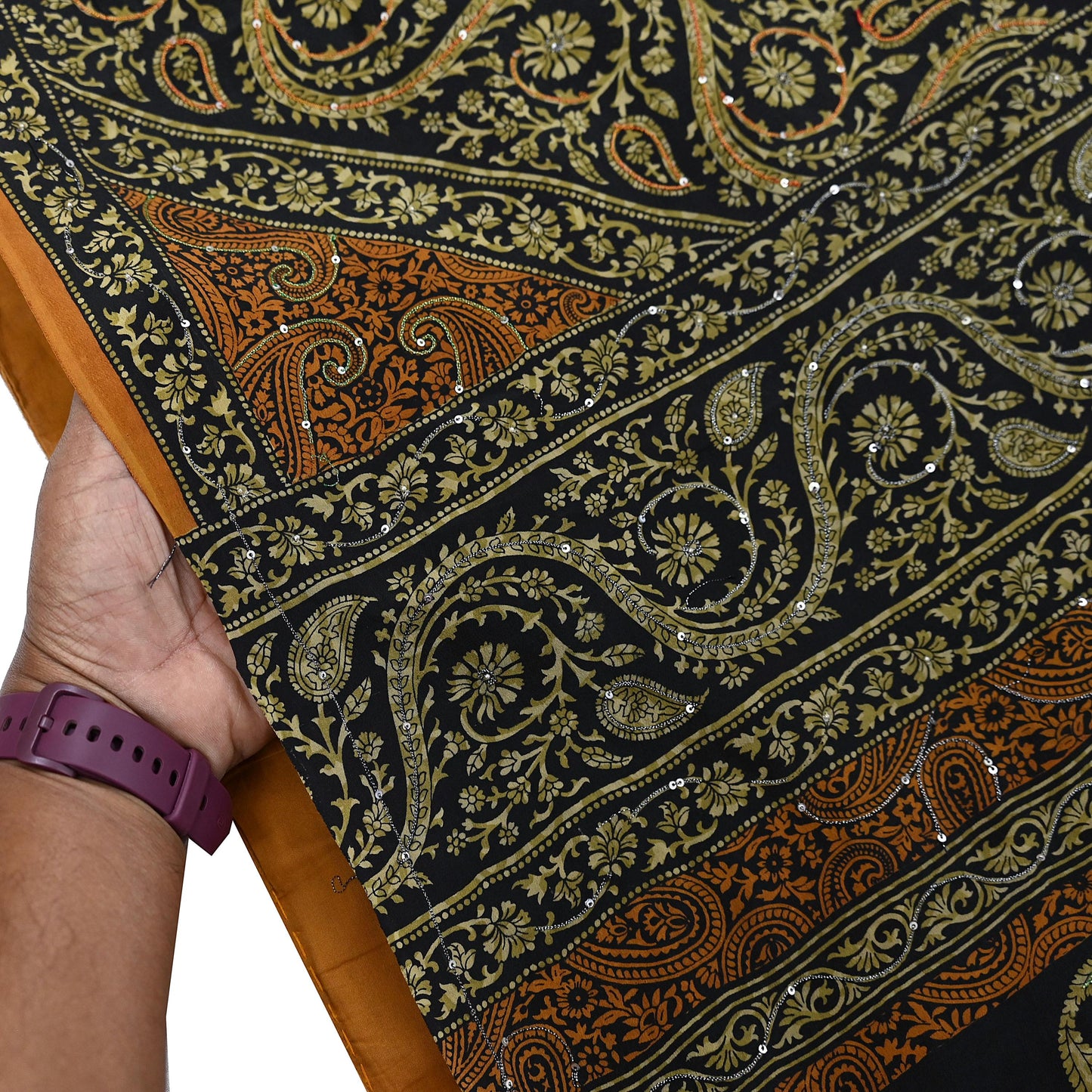 Indian Vintage Sari Black & Mustard Pure Crepe Silk Hand Embroidered Sarees 5yd Sewing Craft Fabric Dress Making Floral Sequins Upcycle