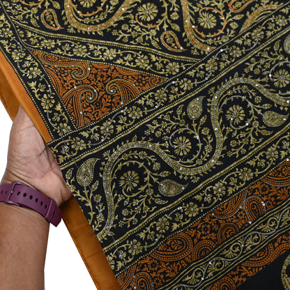 Indian Vintage Sari Black & Mustard Pure Crepe Silk Hand Embroidered Sarees 5yd Sewing Craft Fabric Dress Making Floral Sequins Upcycle