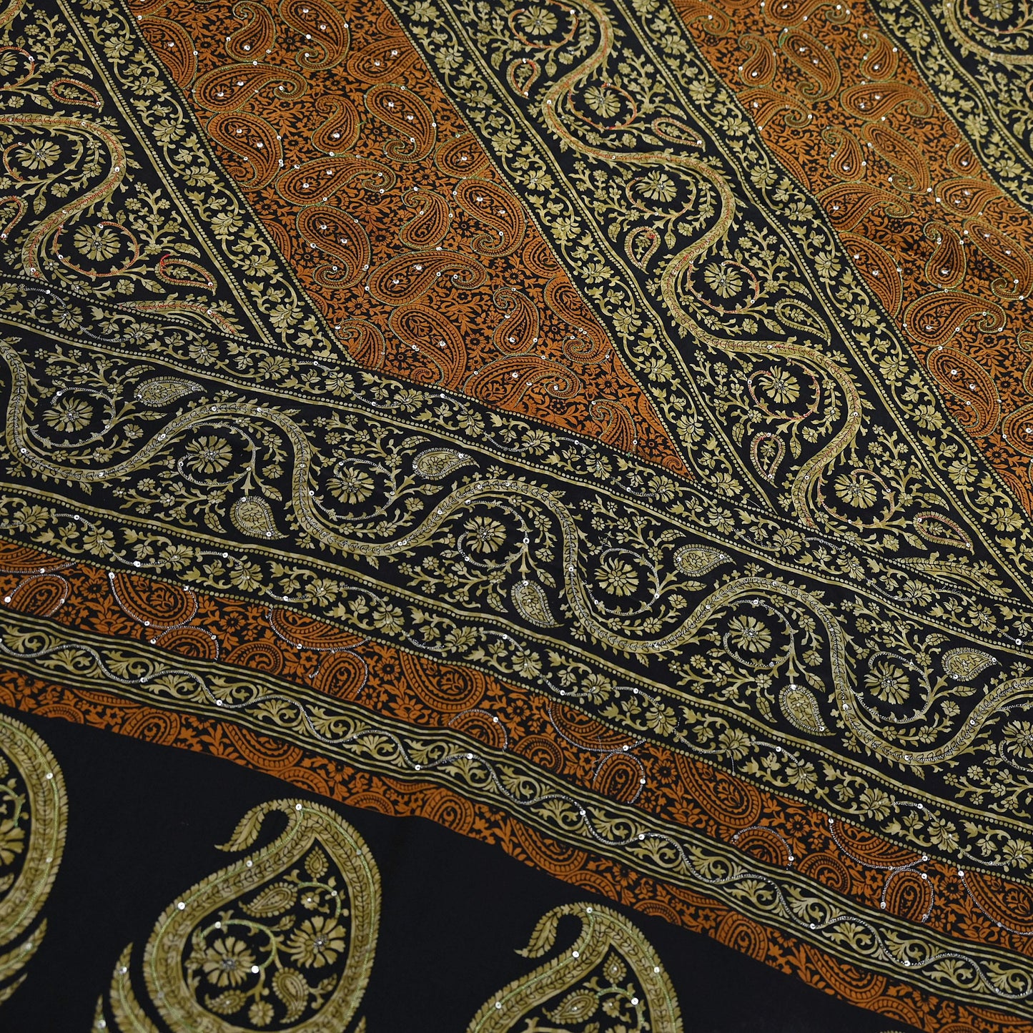 Indian Vintage Sari Black & Mustard Pure Crepe Silk Hand Embroidered Sarees 5yd Sewing Craft Fabric Dress Making Floral Sequins Upcycle