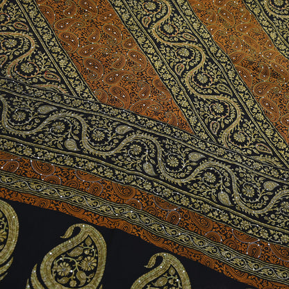 Indian Vintage Sari Black & Mustard Pure Crepe Silk Hand Embroidered Sarees 5yd Sewing Craft Fabric Dress Making Floral Sequins Upcycle