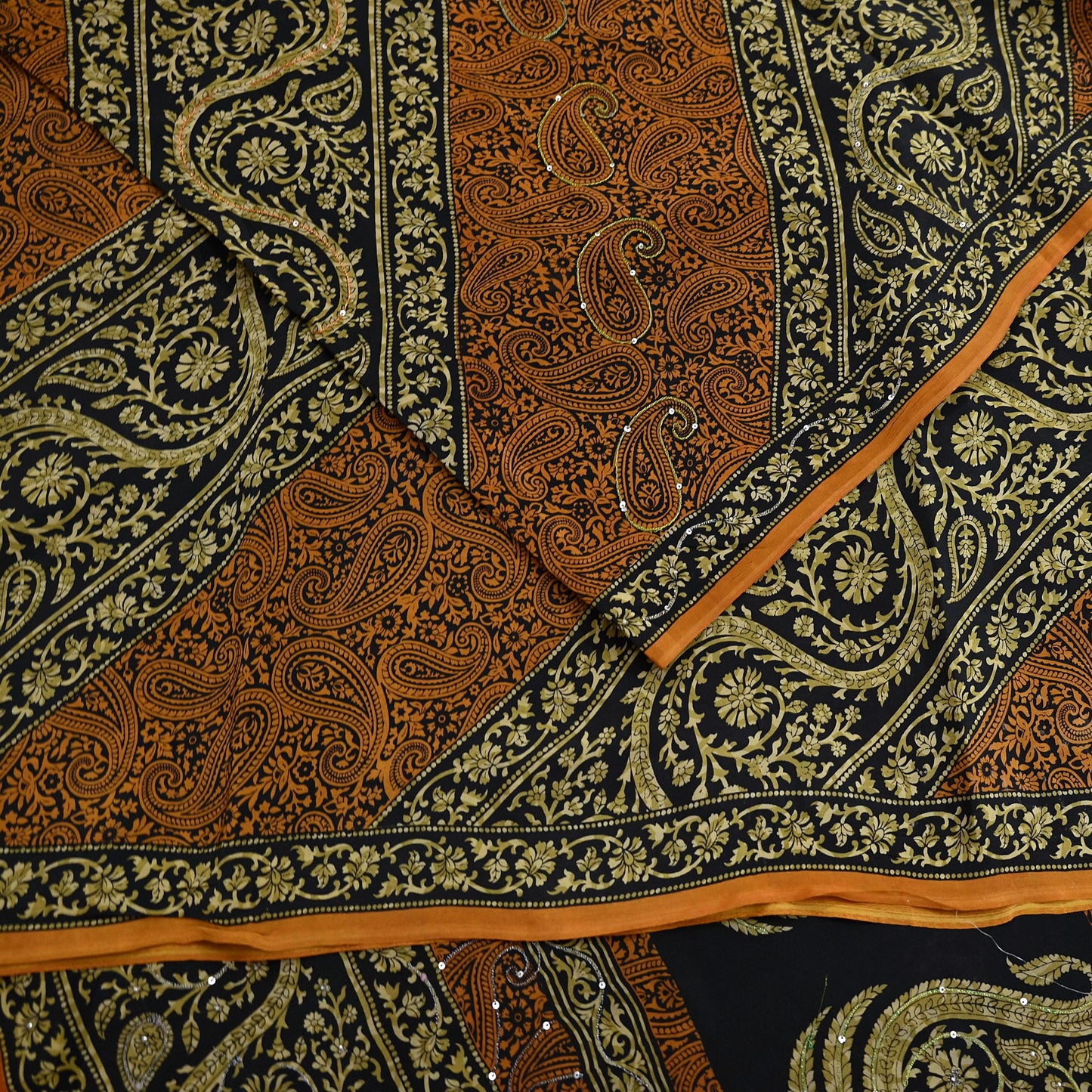 Indian Vintage Sari Black & Mustard Pure Crepe Silk Hand Embroidered Sarees 5yd Sewing Craft Fabric Dress Making Floral Sequins Upcycle