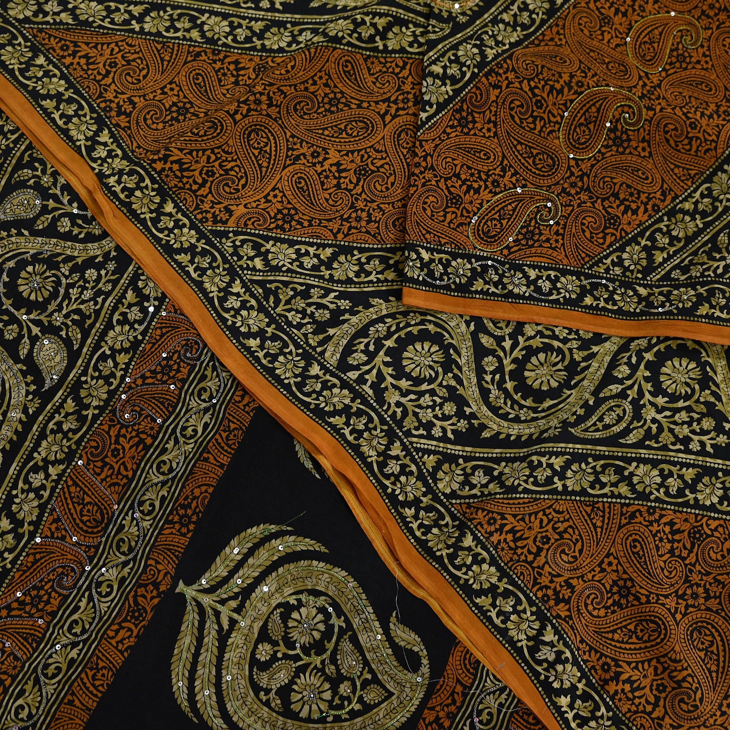 Indian Vintage Sari Black & Mustard Pure Crepe Silk Hand Embroidered Sarees 5yd Sewing Craft Fabric Dress Making Floral Sequins Upcycle