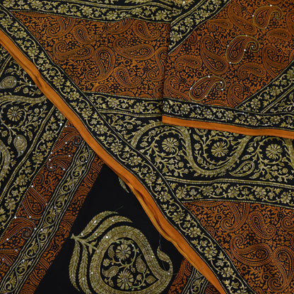 Indian Vintage Sari Black & Mustard Pure Crepe Silk Hand Embroidered Sarees 5yd Sewing Craft Fabric Dress Making Floral Sequins Upcycle