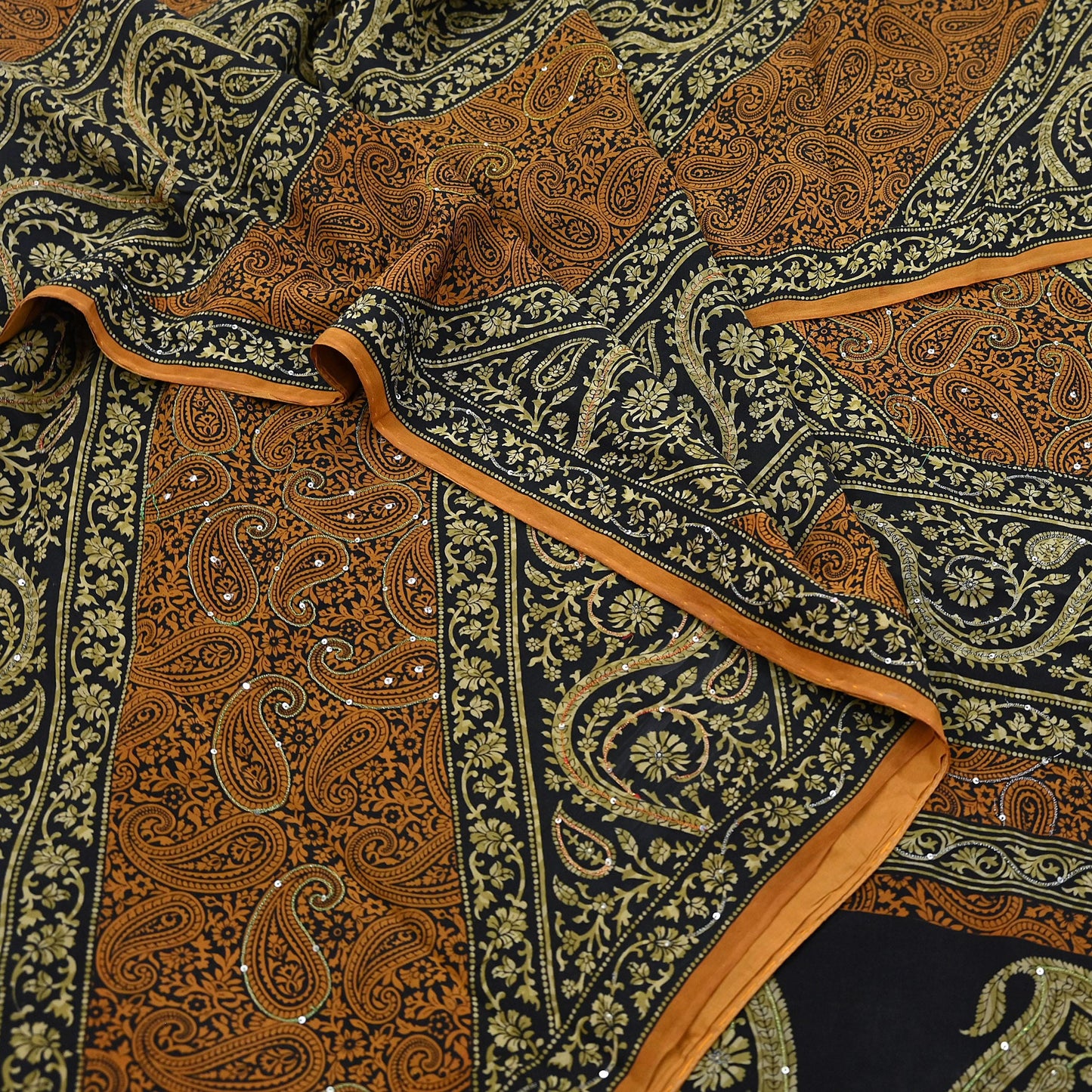 Indian Vintage Sari Black & Mustard Pure Crepe Silk Hand Embroidered Sarees 5yd Sewing Craft Fabric Dress Making Floral Sequins Upcycle