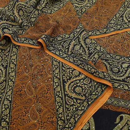 Indian Vintage Sari Black & Mustard Pure Crepe Silk Hand Embroidered Sarees 5yd Sewing Craft Fabric Dress Making Floral Sequins Upcycle