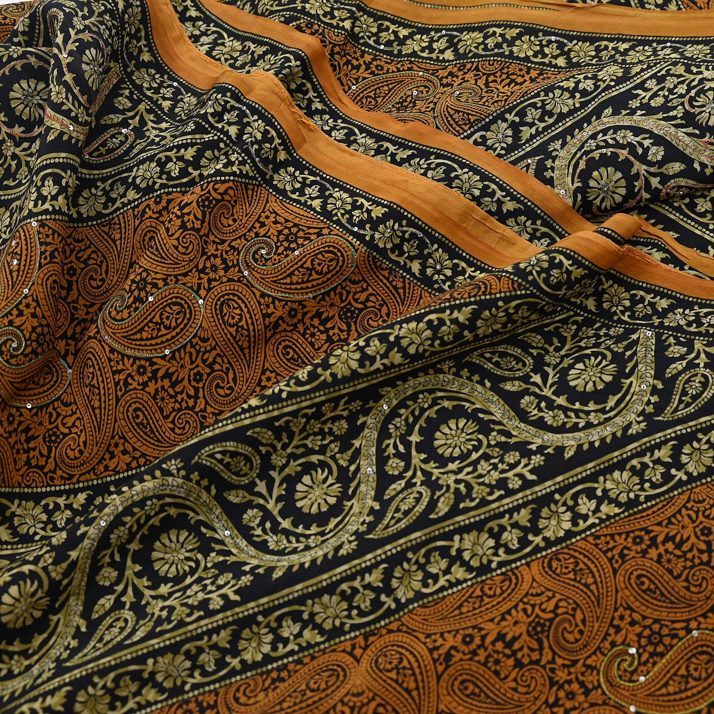 Indian Vintage Sari Black & Mustard Pure Crepe Silk Hand Embroidered Sarees 5yd Sewing Craft Fabric Dress Making Floral Sequins Upcycle