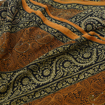 Indian Vintage Sari Black & Mustard Pure Crepe Silk Hand Embroidered Sarees 5yd Sewing Craft Fabric Dress Making Floral Sequins Upcycle