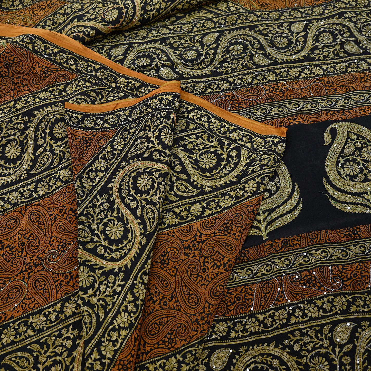 Indian Vintage Sari Black & Mustard Pure Crepe Silk Hand Embroidered Sarees 5yd Sewing Craft Fabric Dress Making Floral Sequins Upcycle