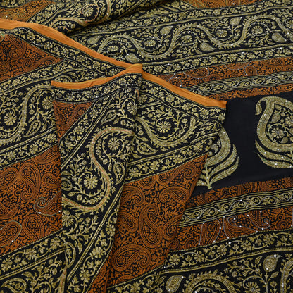 Indian Vintage Sari Black & Mustard Pure Crepe Silk Hand Embroidered Sarees 5yd Sewing Craft Fabric Dress Making Floral Sequins Upcycle