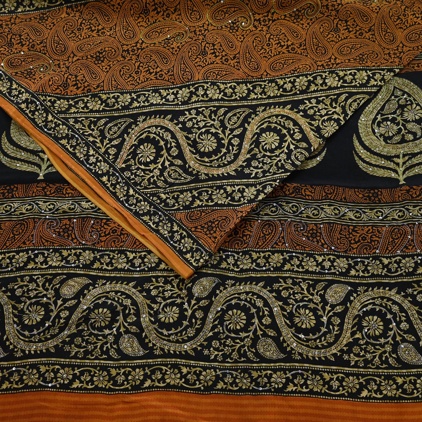 Indian Vintage Sari Black & Mustard Pure Crepe Silk Hand Embroidered Sarees 5yd Sewing Craft Fabric Dress Making Floral Sequins Upcycle