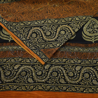 Indian Vintage Sari Black & Mustard Pure Crepe Silk Hand Embroidered Sarees 5yd Sewing Craft Fabric Dress Making Floral Sequins Upcycle