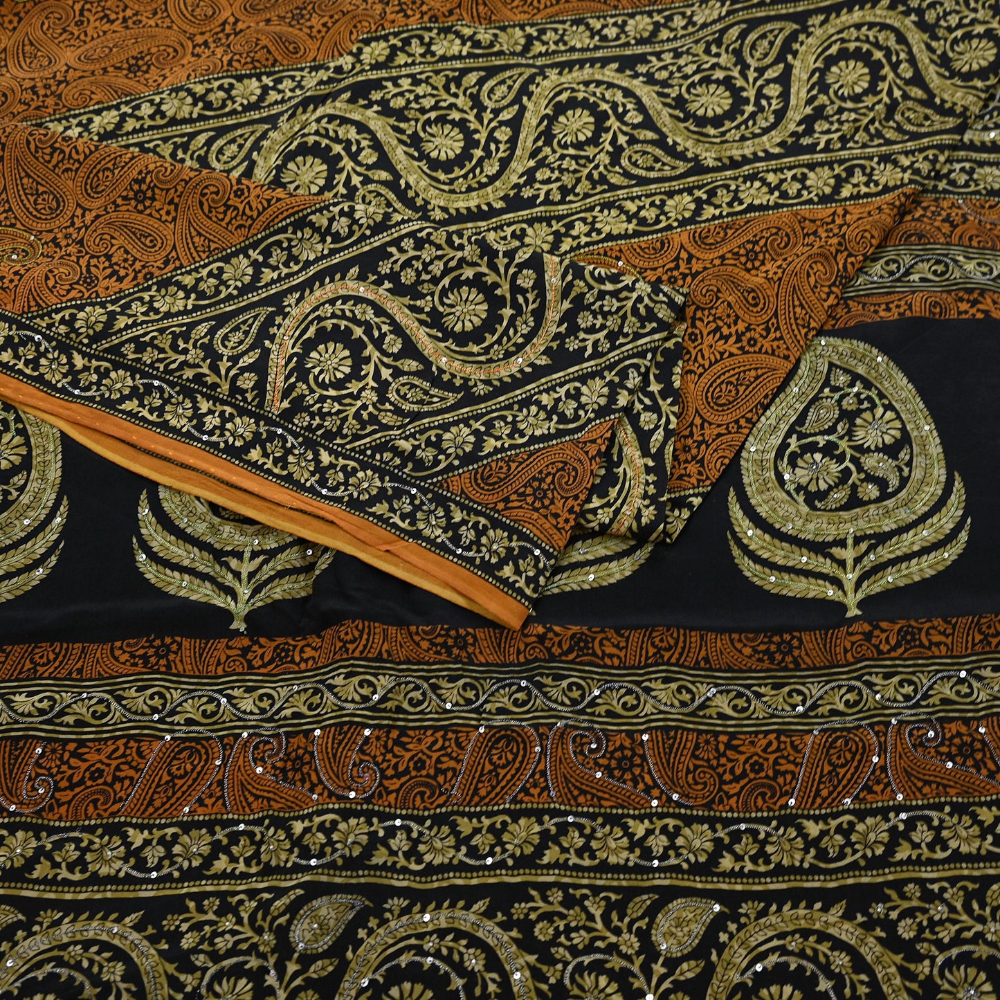 Indian Vintage Sari Black & Mustard Pure Crepe Silk Hand Embroidered Sarees 5yd Sewing Craft Fabric Dress Making Floral Sequins Upcycle