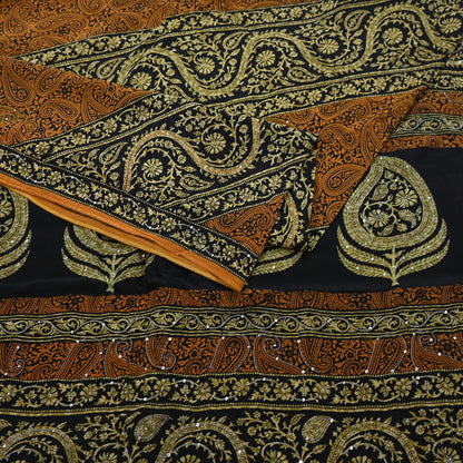Indian Vintage Sari Black & Mustard Pure Crepe Silk Hand Embroidered Sarees 5yd Sewing Craft Fabric Dress Making Floral Sequins Upcycle