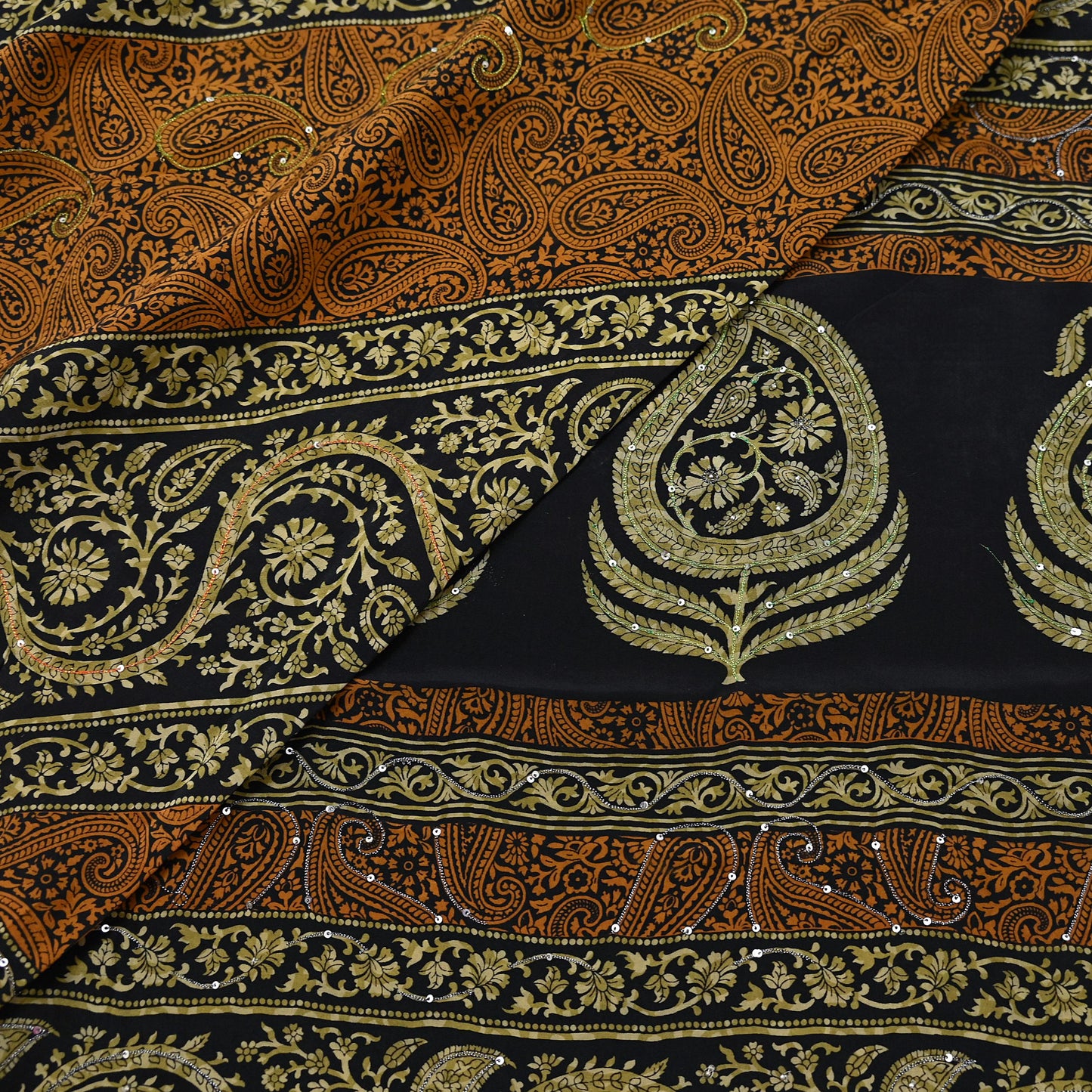 Indian Vintage Sari Black & Mustard Pure Crepe Silk Hand Embroidered Sarees 5yd Sewing Craft Fabric Dress Making Floral Sequins Upcycle
