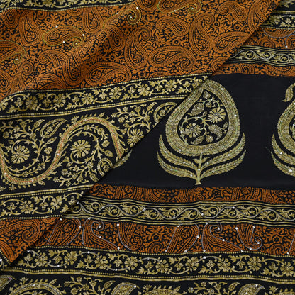 Indian Vintage Sari Black & Mustard Pure Crepe Silk Hand Embroidered Sarees 5yd Sewing Craft Fabric Dress Making Floral Sequins Upcycle