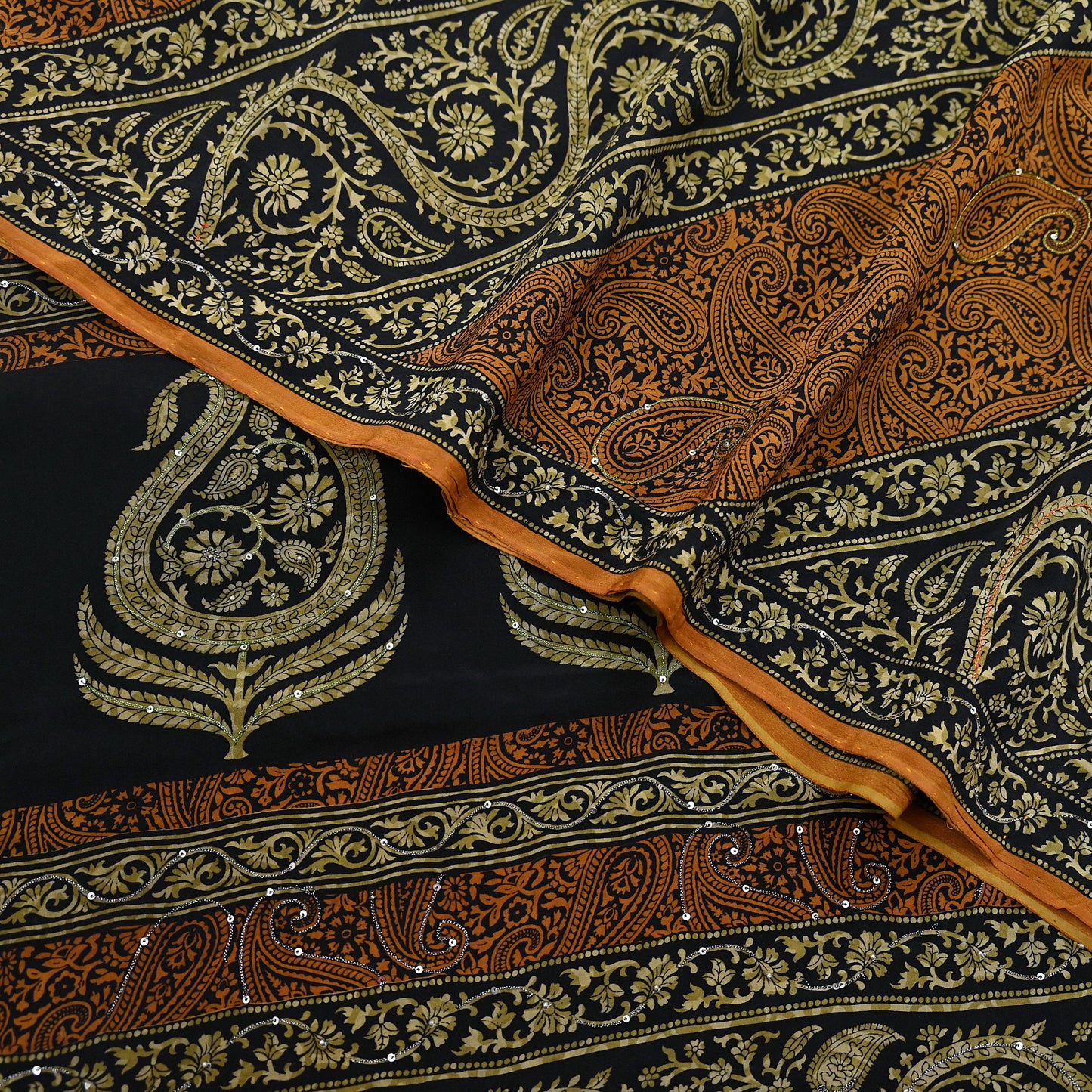 Indian Vintage Sari Black & Mustard Pure Crepe Silk Hand Embroidered Sarees 5yd Sewing Craft Fabric Dress Making Floral Sequins Upcycle