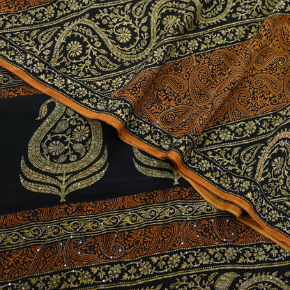 Indian Vintage Sari Black & Mustard Pure Crepe Silk Hand Embroidered Sarees 5yd Sewing Craft Fabric Dress Making Floral Sequins Upcycle