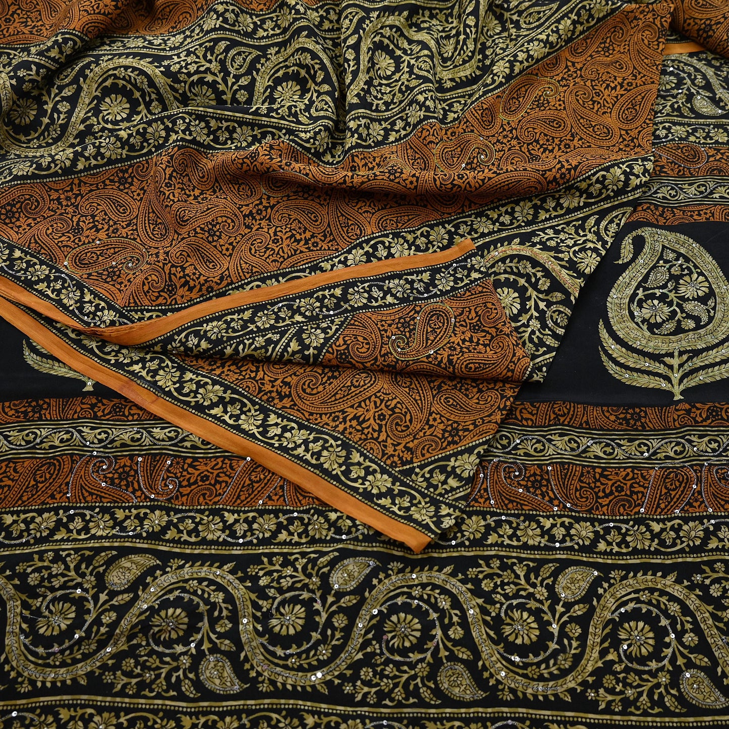 Indian Vintage Sari Black & Mustard Pure Crepe Silk Hand Embroidered Sarees 5yd Sewing Craft Fabric Dress Making Floral Sequins Upcycle