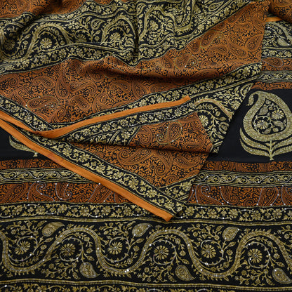 Indian Vintage Sari Black & Mustard Pure Crepe Silk Hand Embroidered Sarees 5yd Sewing Craft Fabric Dress Making Floral Sequins Upcycle