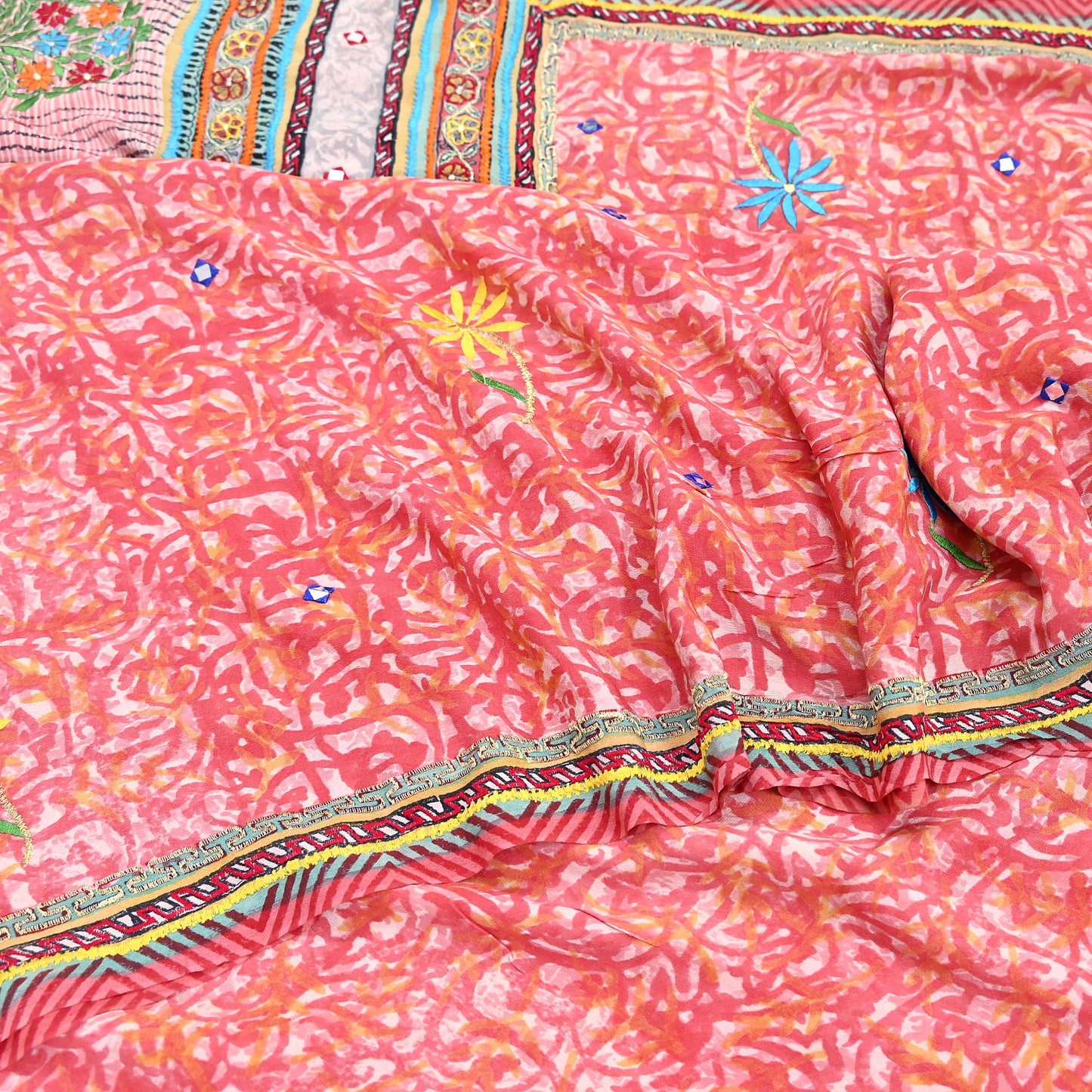 Indian Vintage Sari Pure Crepe Silk Hand Embroidered Saree 5yd Sewing Floral Craft Fabric Sequins Dress making Crafting Quilting