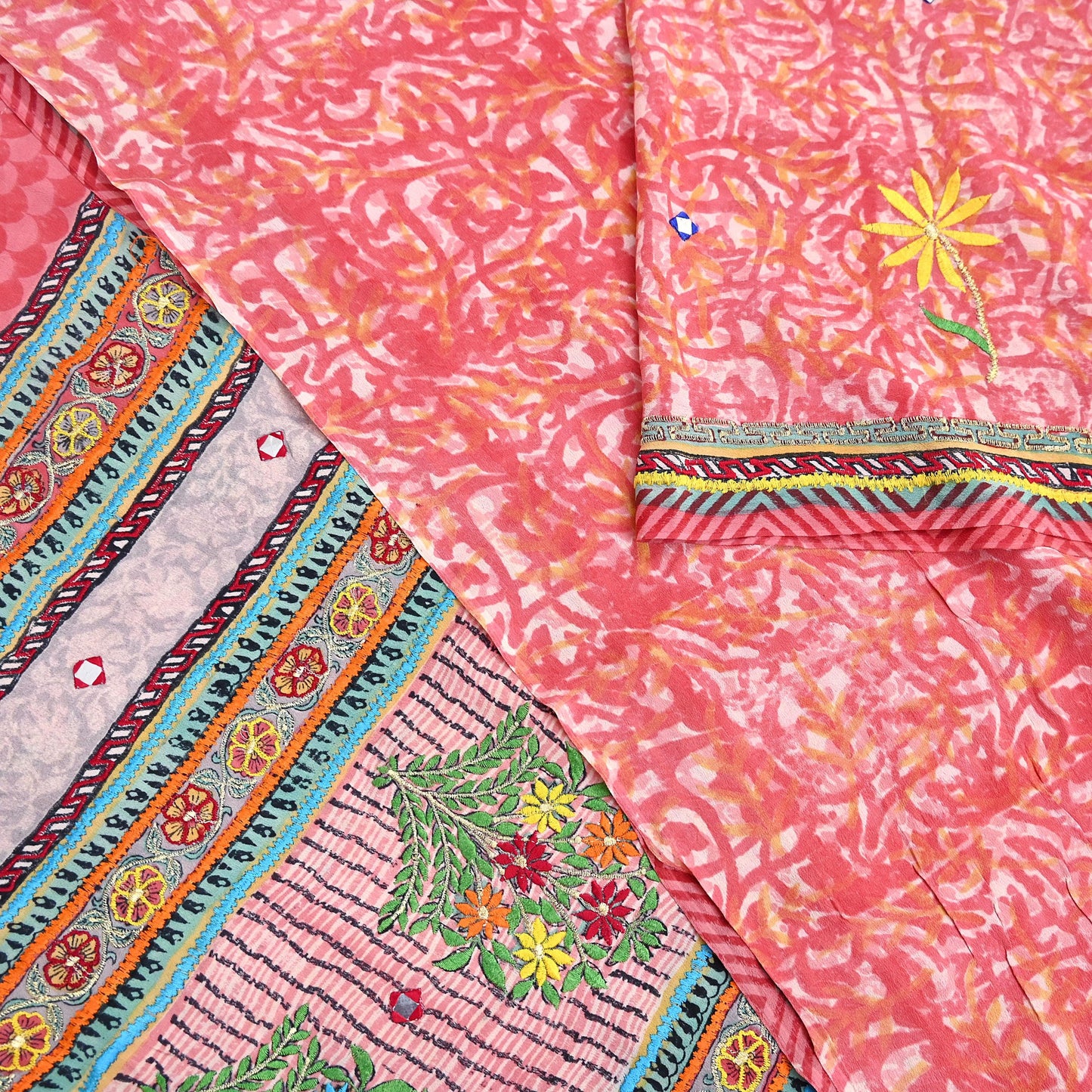 Indian Vintage Sari Pure Crepe Silk Hand Embroidered Saree 5yd Sewing Floral Craft Fabric Sequins Dress making Crafting Quilting