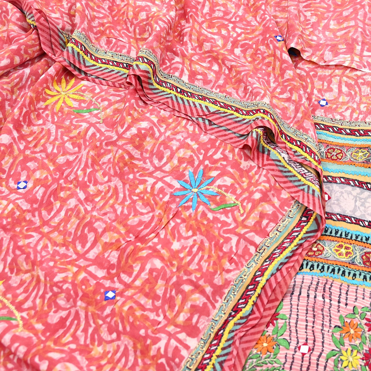 Indian Vintage Sari Pure Crepe Silk Hand Embroidered Saree 5yd Sewing Floral Craft Fabric Sequins Dress making Crafting Quilting