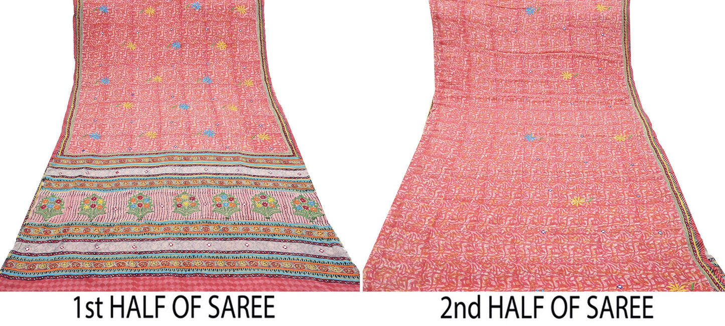 Indian Vintage Sari Pure Crepe Silk Hand Embroidered Saree 5yd Sewing Floral Craft Fabric Sequins Dress making Crafting Quilting