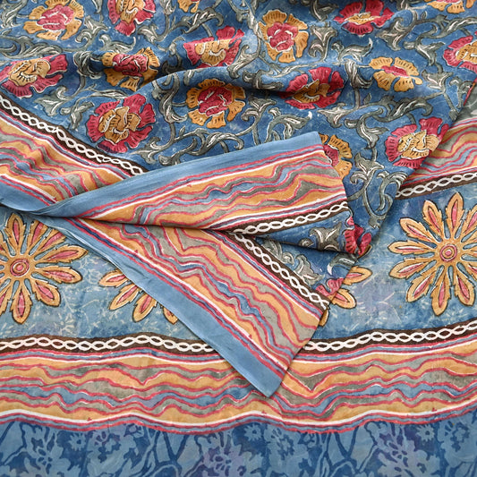 Indian Vintage Sari Gray 100% Pure Georgette Silk Hand Printed Sarees Sewing 5yd Craft Fabric Soft Dress Designing for Crafting