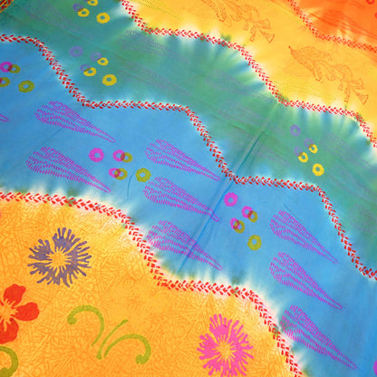 Indian Vintage Sari Saffron & Blue Pure Georgette Silk Printed Sarees Craft Fabric Sewing 5Yard Soft Light Dress Making Abstract