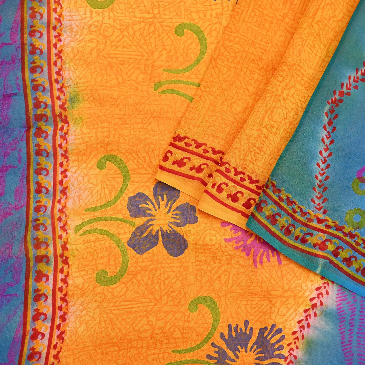 Indian Vintage Sari Saffron & Blue Pure Georgette Silk Printed Sarees Craft Fabric Sewing 5Yard Soft Light Dress Making Abstract