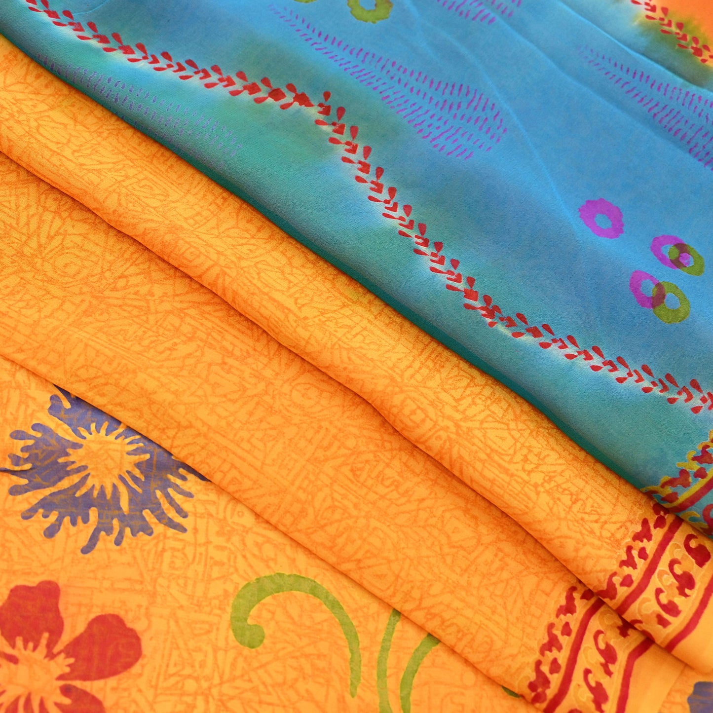 Indian Vintage Sari Saffron & Blue Pure Georgette Silk Printed Sarees Craft Fabric Sewing 5Yard Soft Light Dress Making Abstract