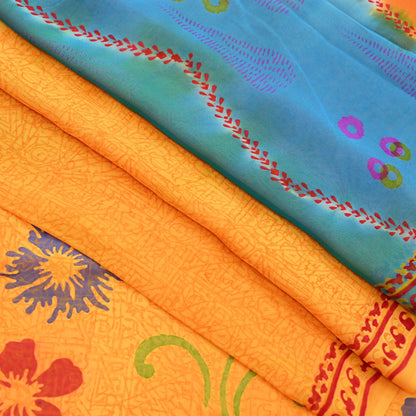 Indian Vintage Sari Saffron & Blue Pure Georgette Silk Printed Sarees Craft Fabric Sewing 5Yard Soft Light Dress Making Abstract