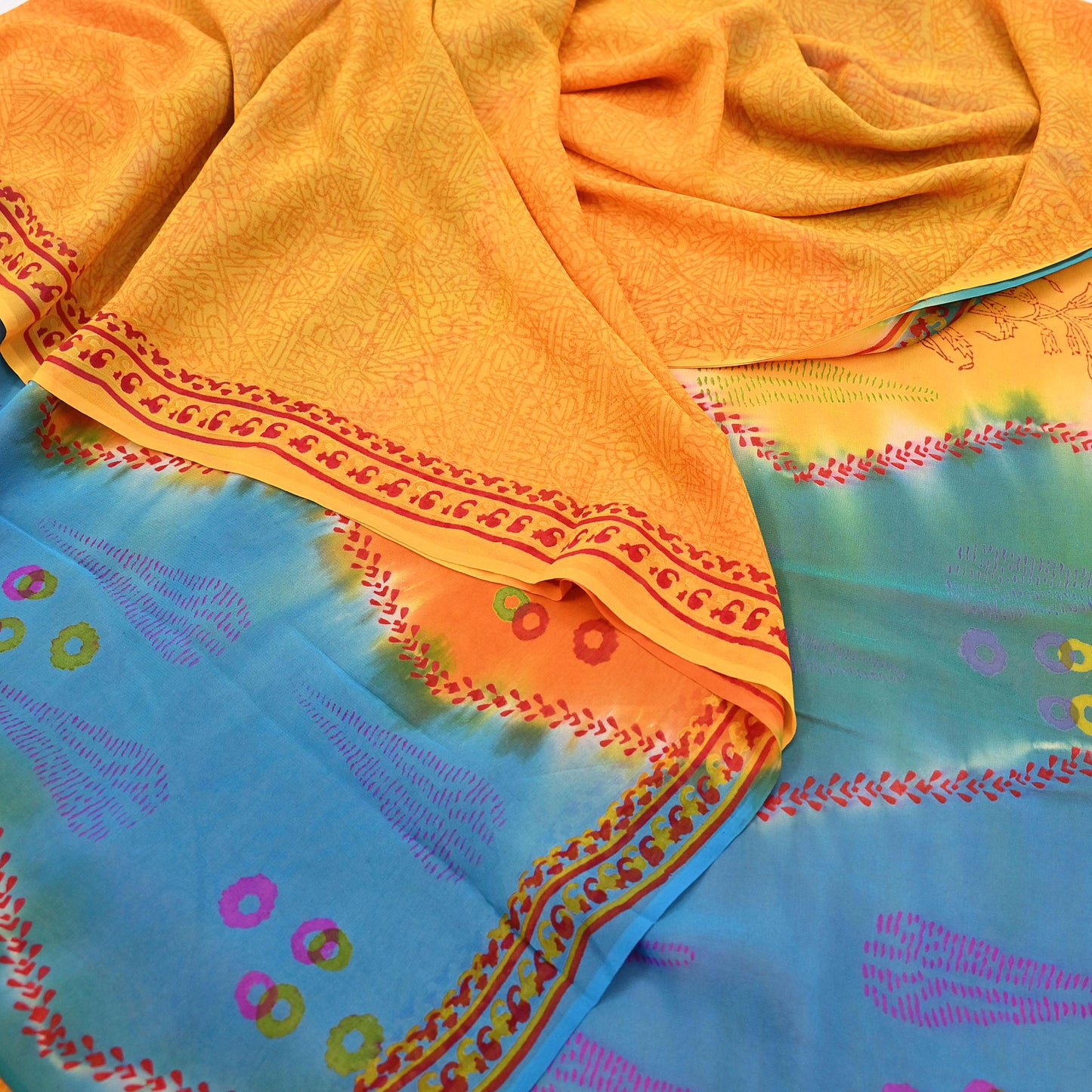 Indian Vintage Sari Saffron & Blue Pure Georgette Silk Printed Sarees Craft Fabric Sewing 5Yard Soft Light Dress Making Abstract