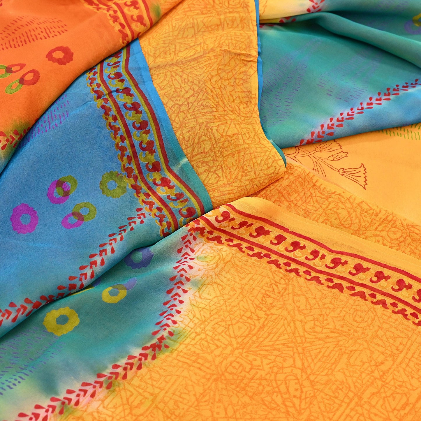 Indian Vintage Sari Saffron & Blue Pure Georgette Silk Printed Sarees Craft Fabric Sewing 5Yard Soft Light Dress Making Abstract